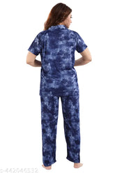 Women's printed color satin night suite set - shirt and pyjama set - top and pyjama set - nightdress set for women and girls, vibrant satin sleepwear on display